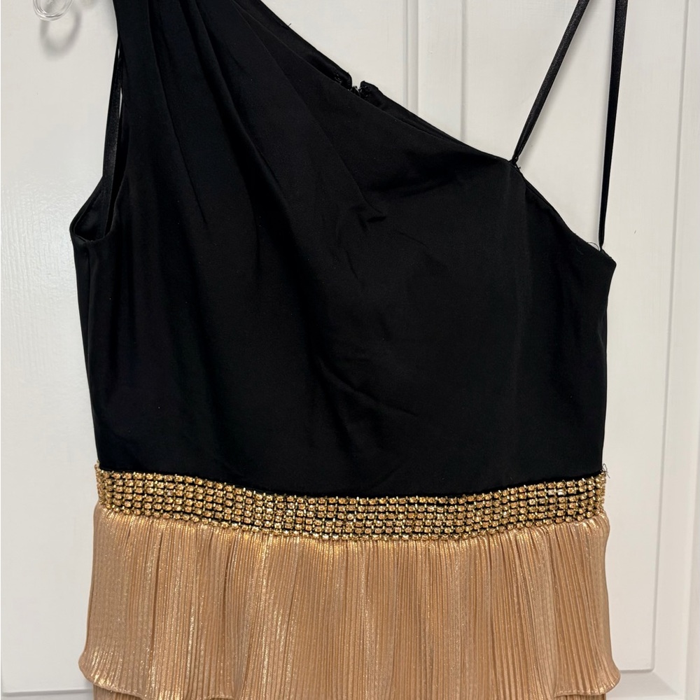 Mac Duggal Black and Gold One Shoulder Dress
